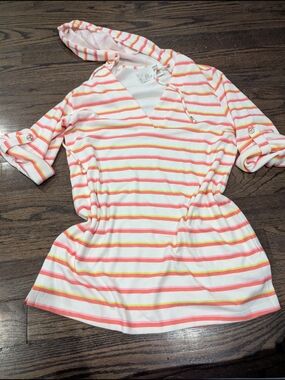 Trina Turk White Hooded Swim Coverup with Coral & Yellow Stripes NWT